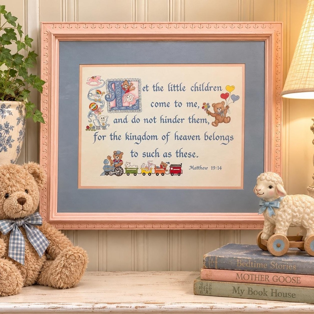 Vtg Matthew 19:14 Nursery Wall Art Framed Bible Verse Teddy Bear Christian Baby